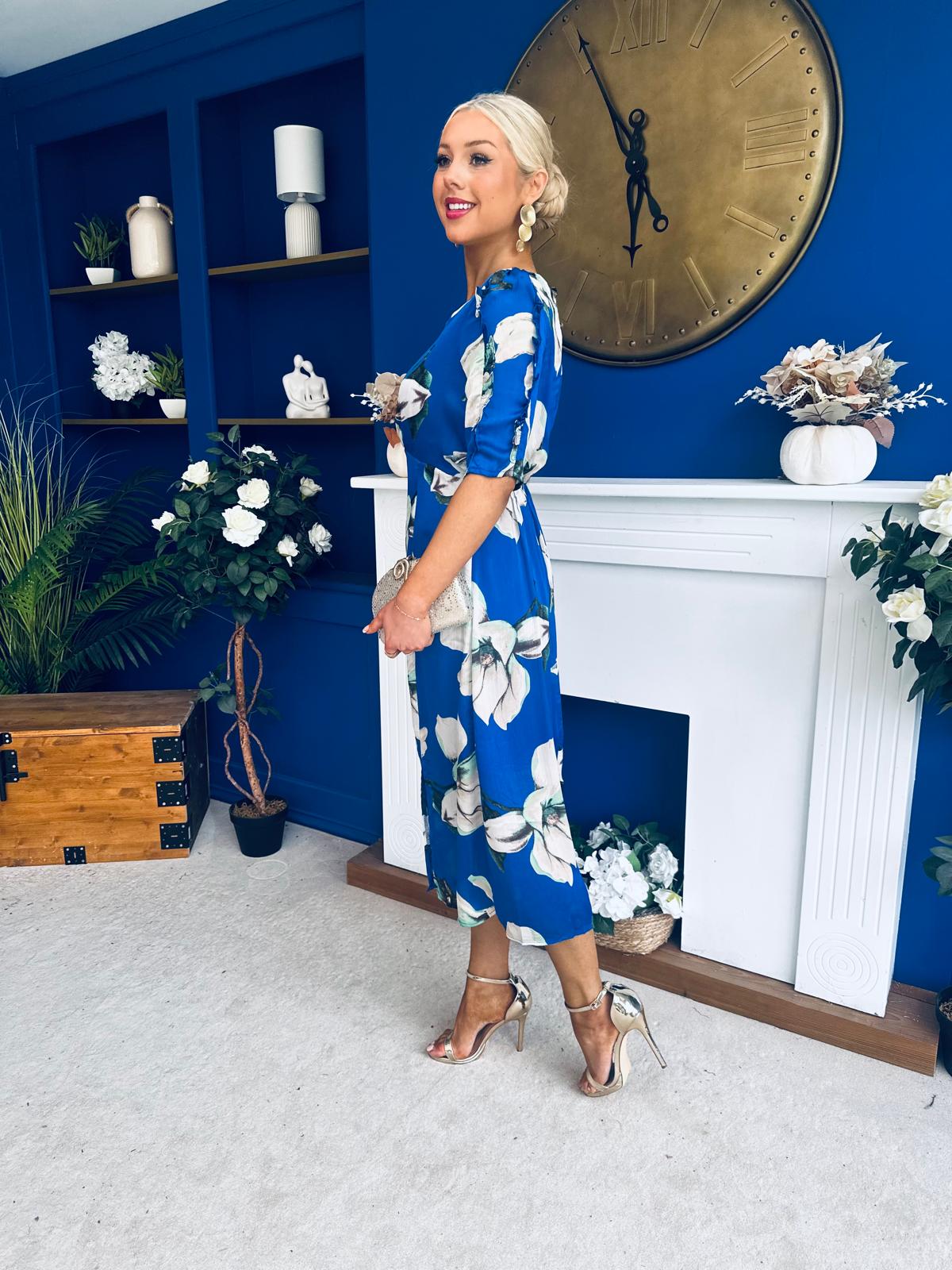 Brenda Split Leg Midi Dress Floral Blue