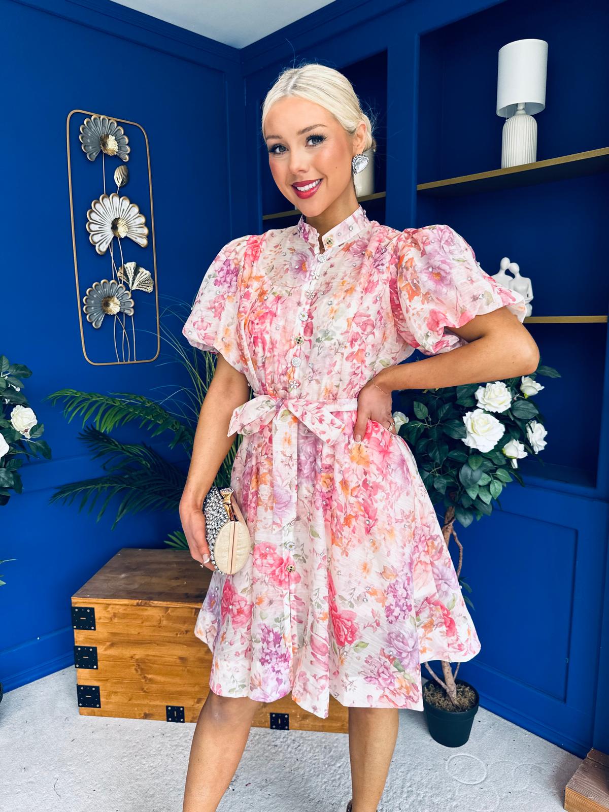 Mairead Embellished Mini Shirt Dress Floral
