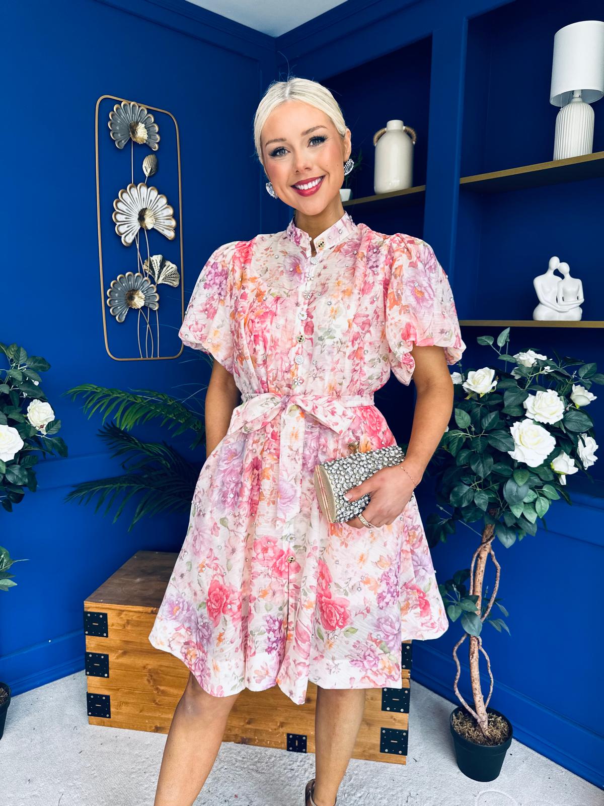 Mairead Embellished Mini Shirt Dress Floral