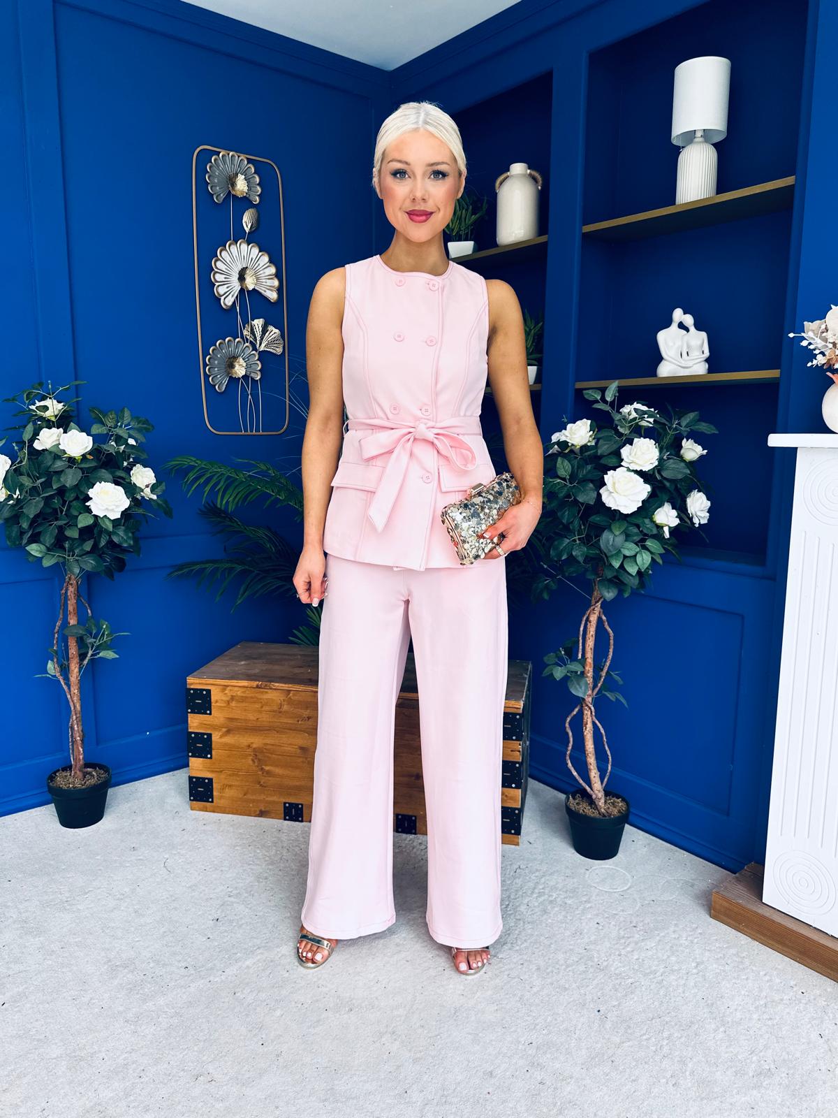 Parisa Detailed Top & Trouser Set Baby Pink