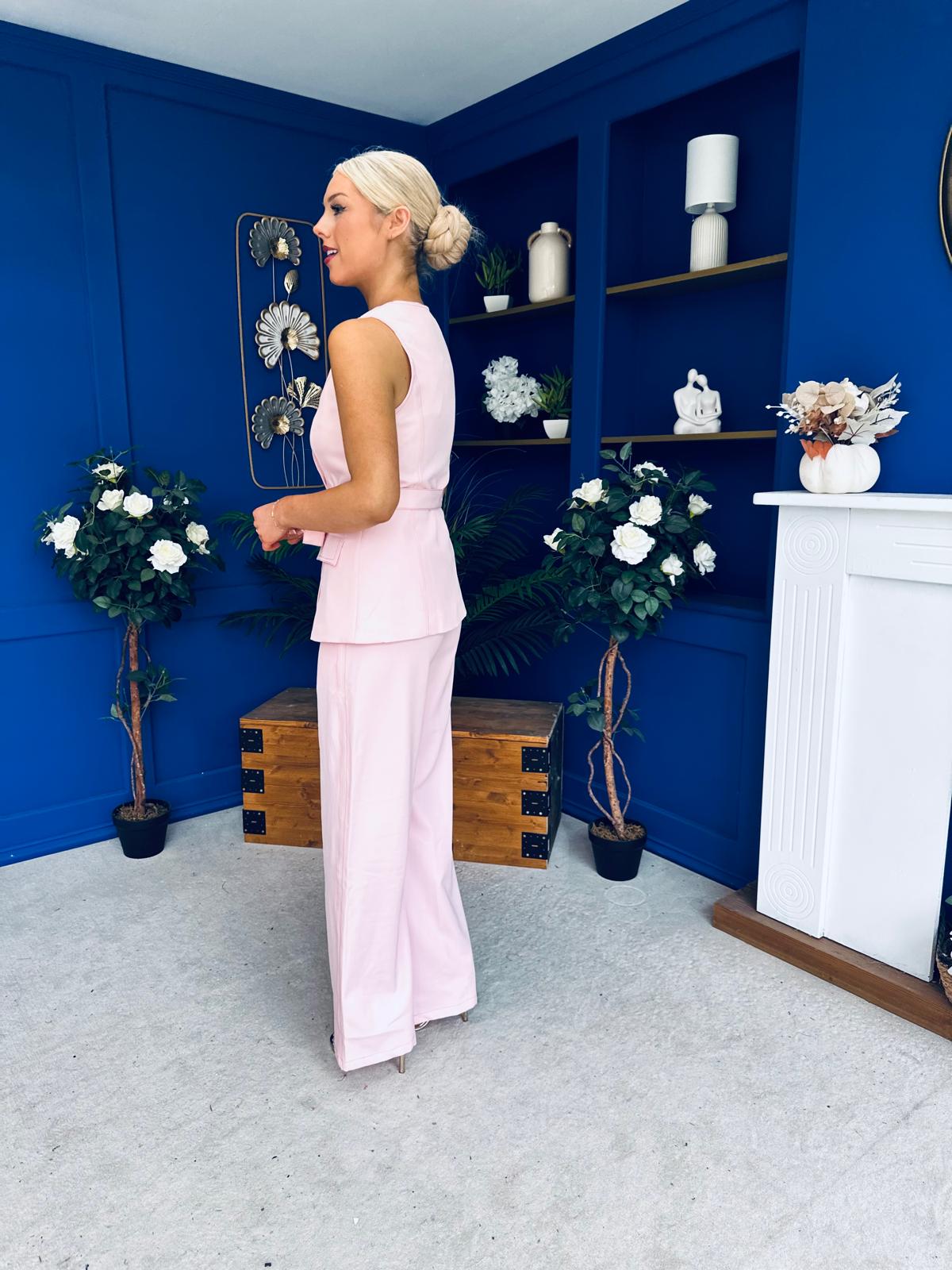 Parisa Detailed Top & Trouser Set Baby Pink