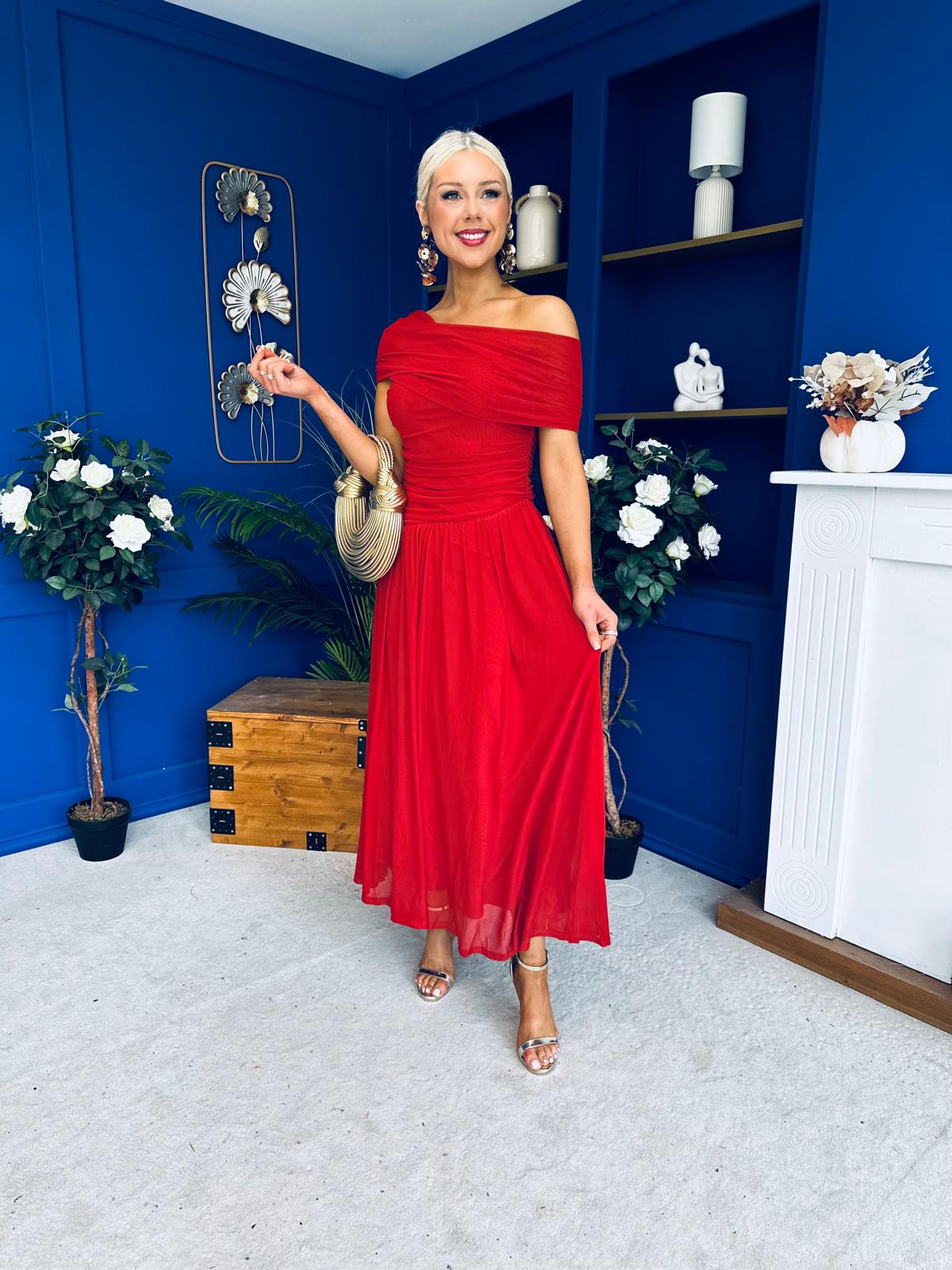 Giselle Off The Shoulder Mesh Midi Dress Ruby