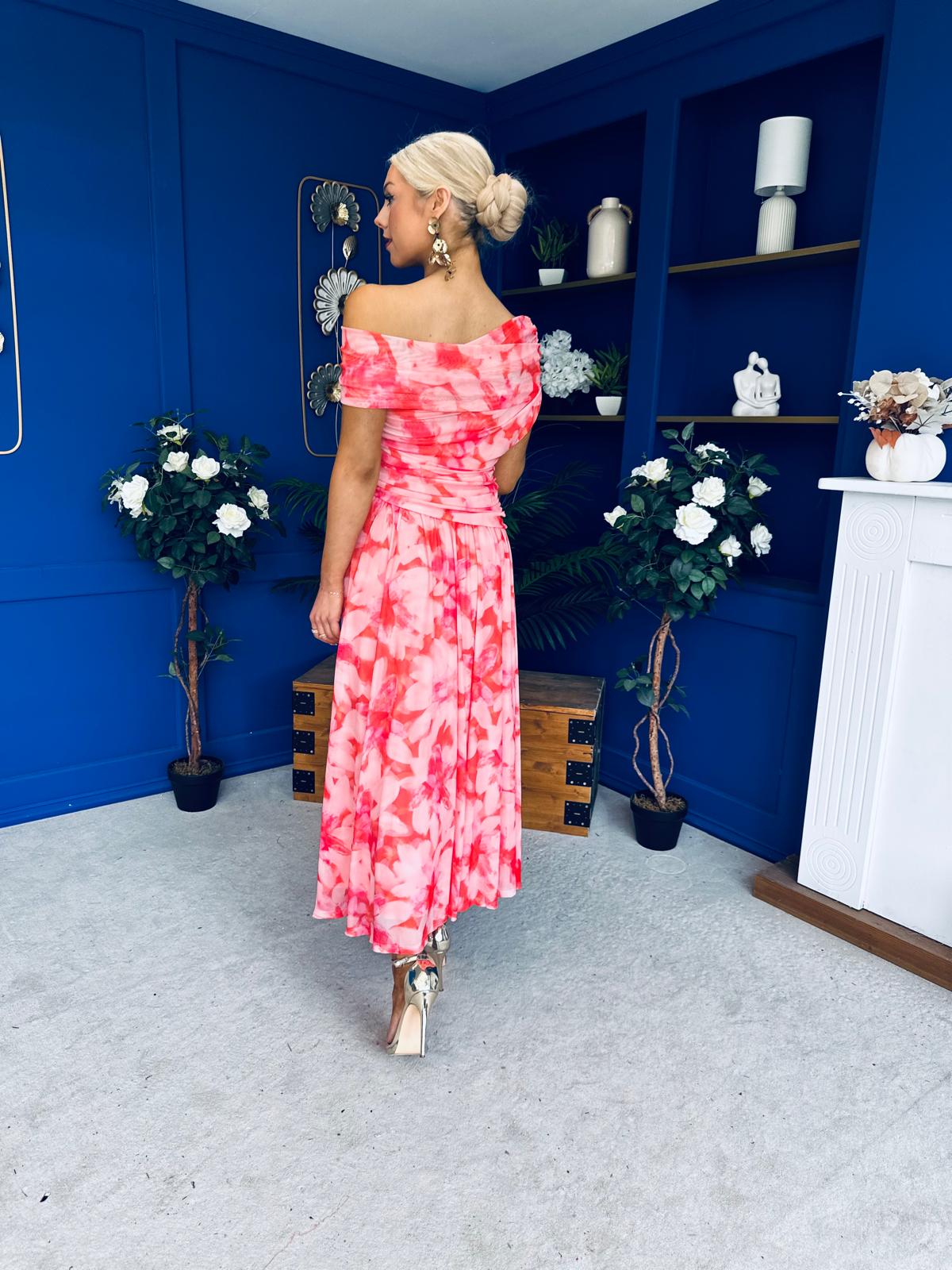 Hope Off The Shoulder Mesh Midi Dress Floral Coral