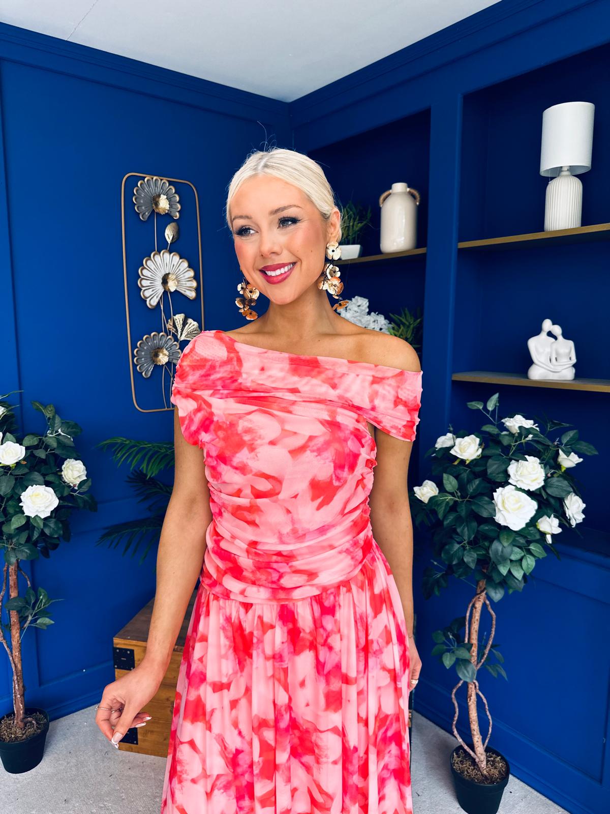 Hope Off The Shoulder Mesh Midi Dress Floral Coral