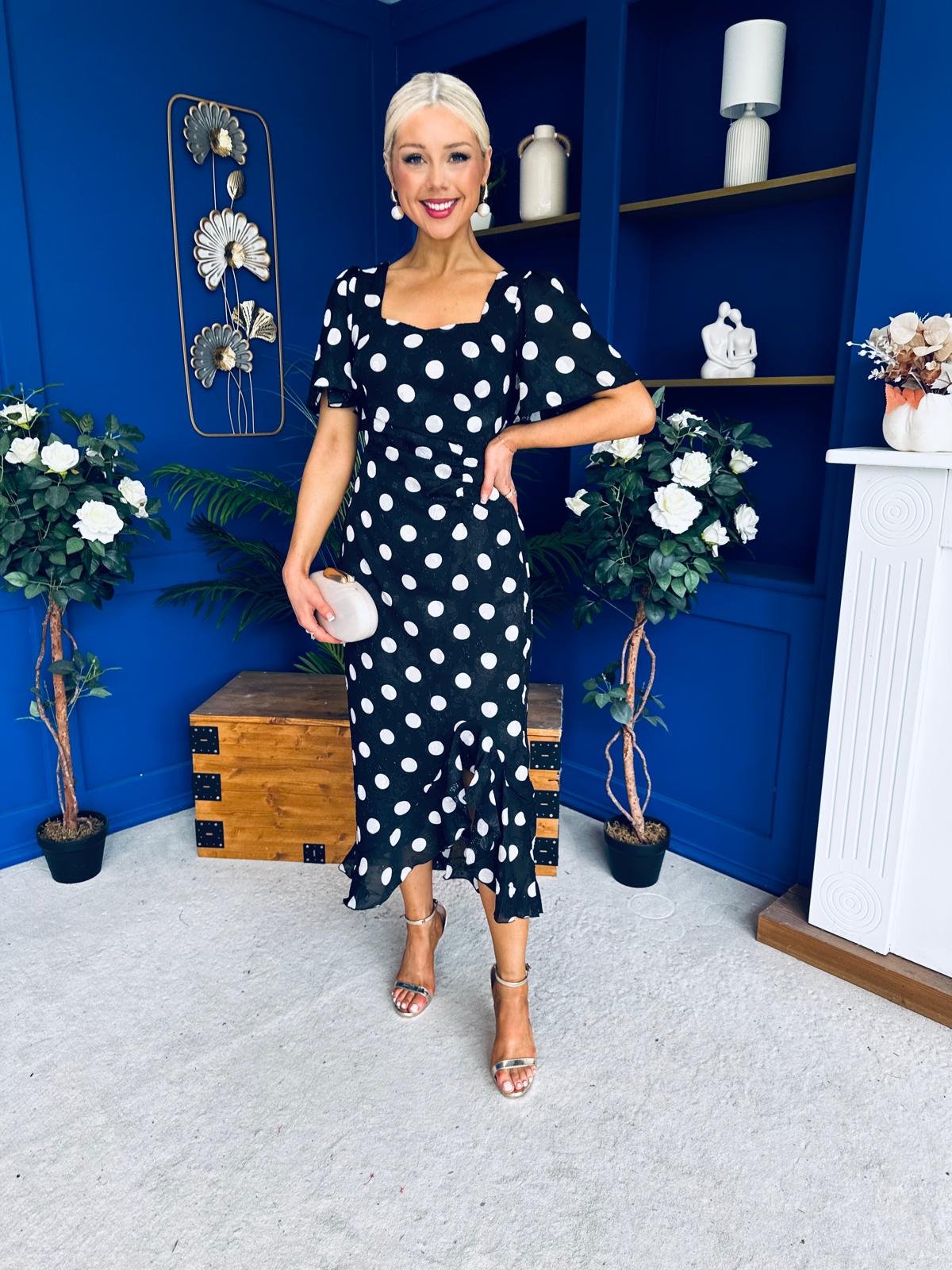 Heidi Detail Ruched Midi Dress Burnout Polka Black