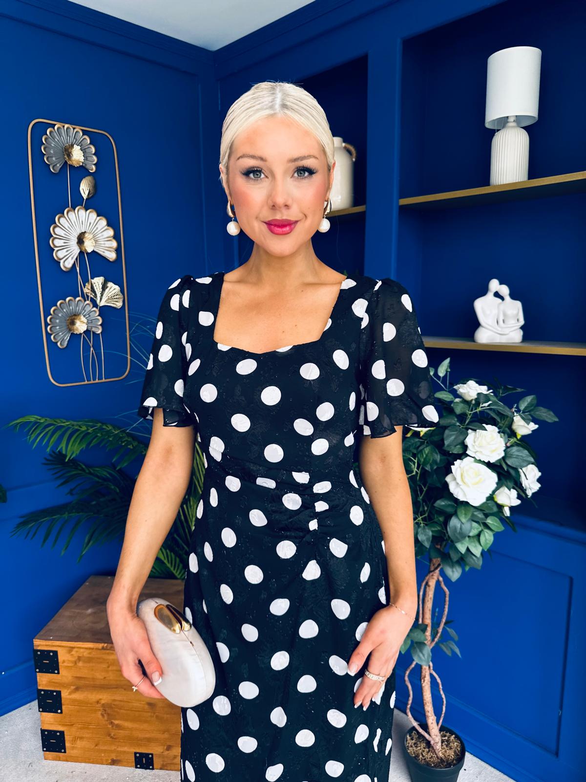 Heidi Detail Ruched Midi Dress Burnout Polka Black