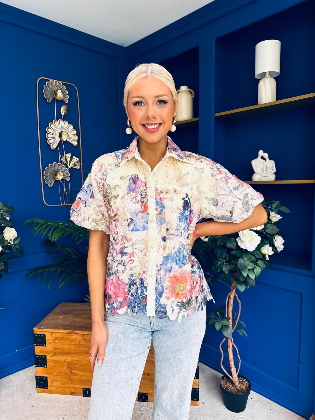Hazel Puff Sleeve Crochet Blouse Cream