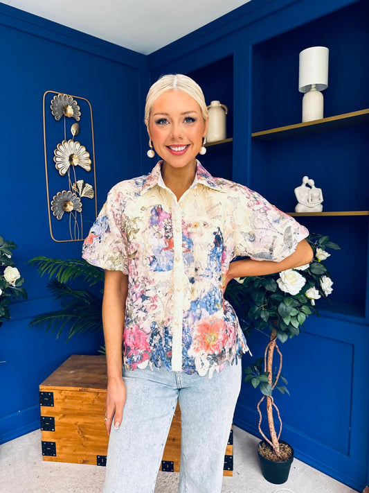 Hazel Puff Sleeve Crochet Blouse Cream