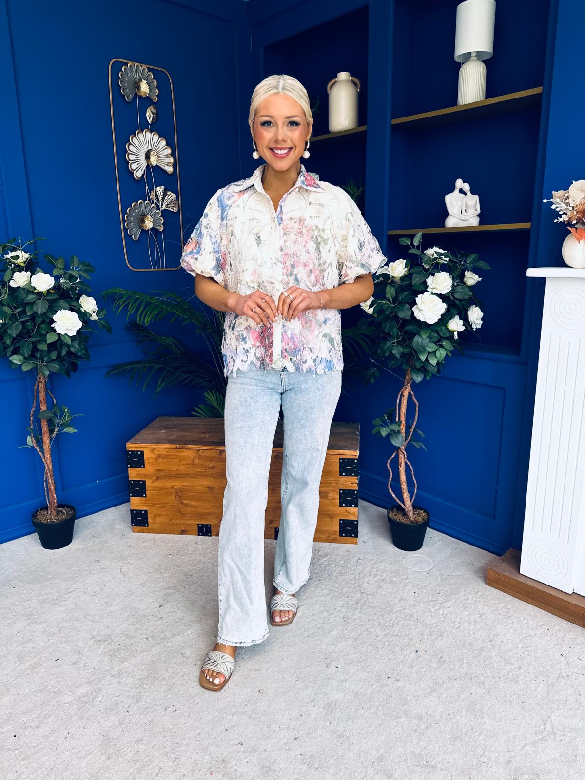 Hazel Puff Sleeve Crochet Blouse White