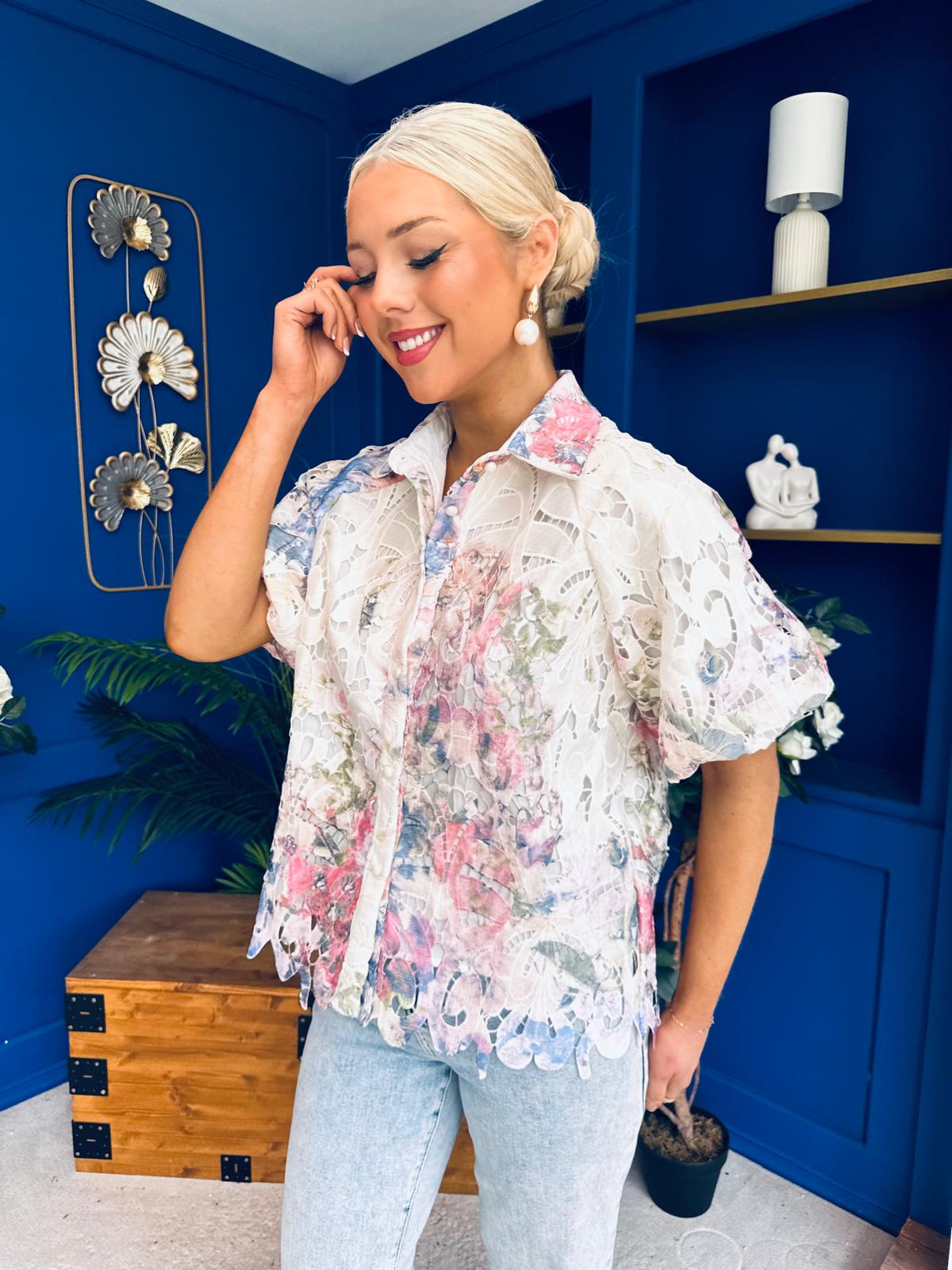 Hazel Puff Sleeve Crochet Blouse White