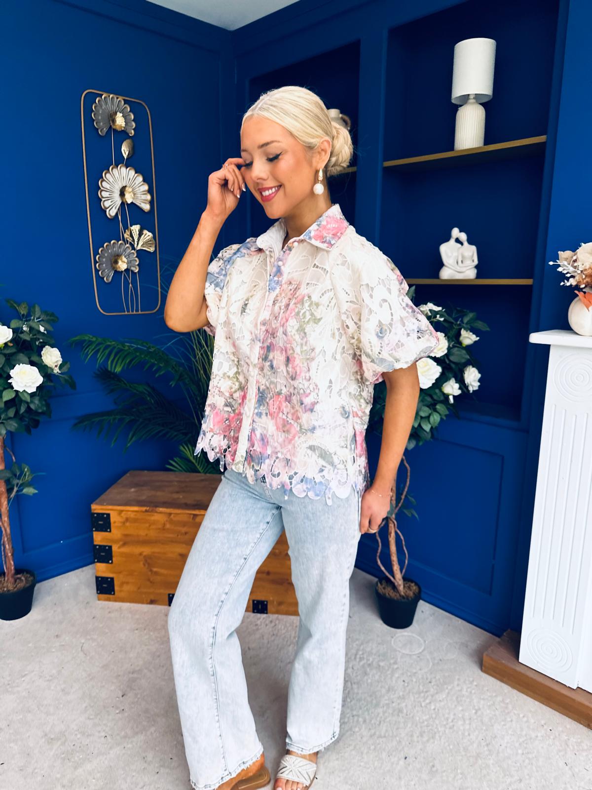 Hazel Puff Sleeve Crochet Blouse White