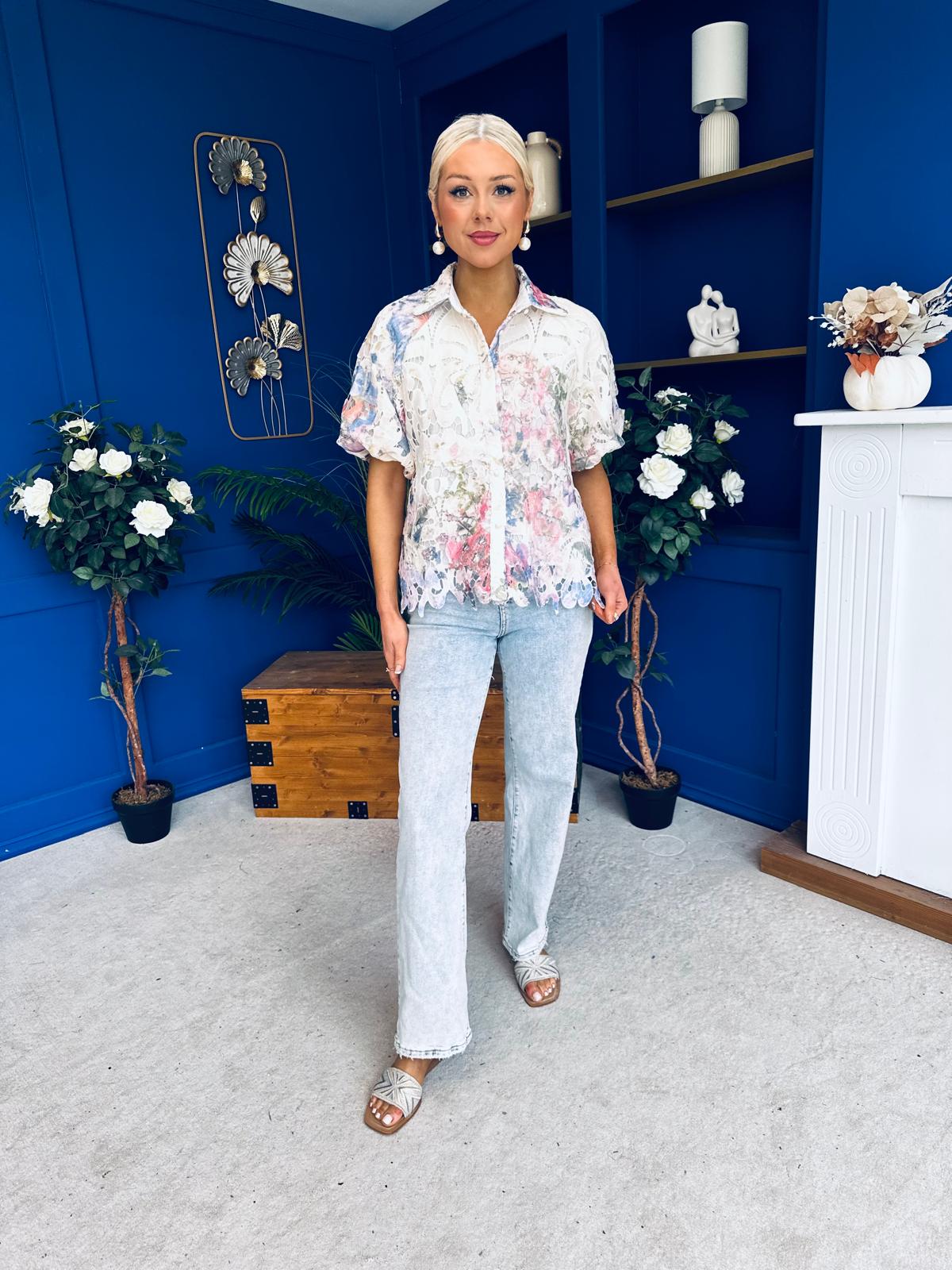 Hazel Puff Sleeve Crochet Blouse White