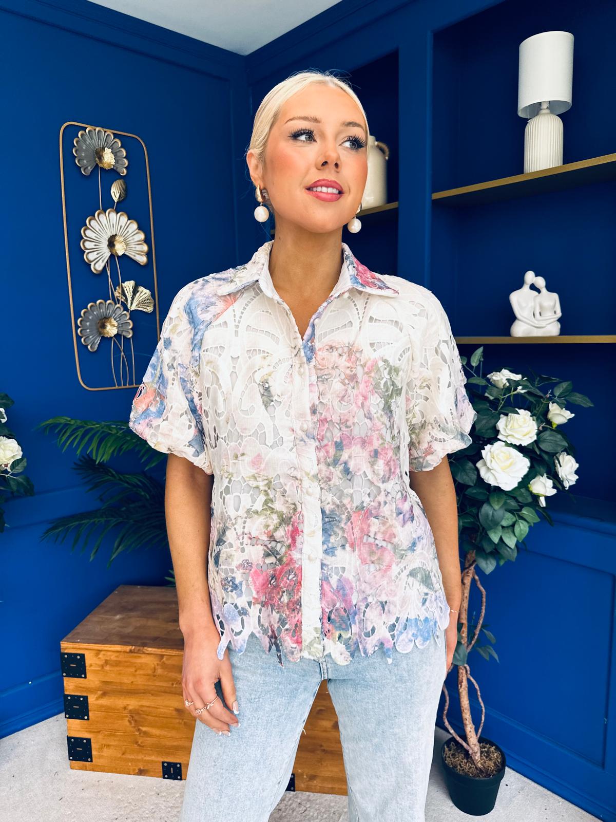 Hazel Puff Sleeve Crochet Blouse White