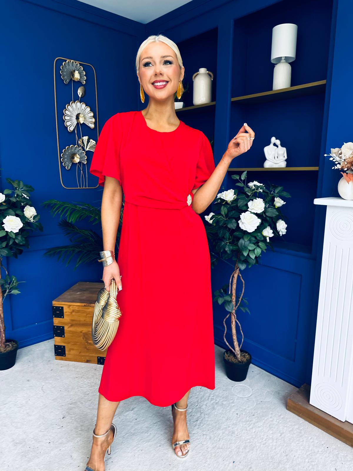 Naomi Gold Clasp Detailed Midi Dress Red
