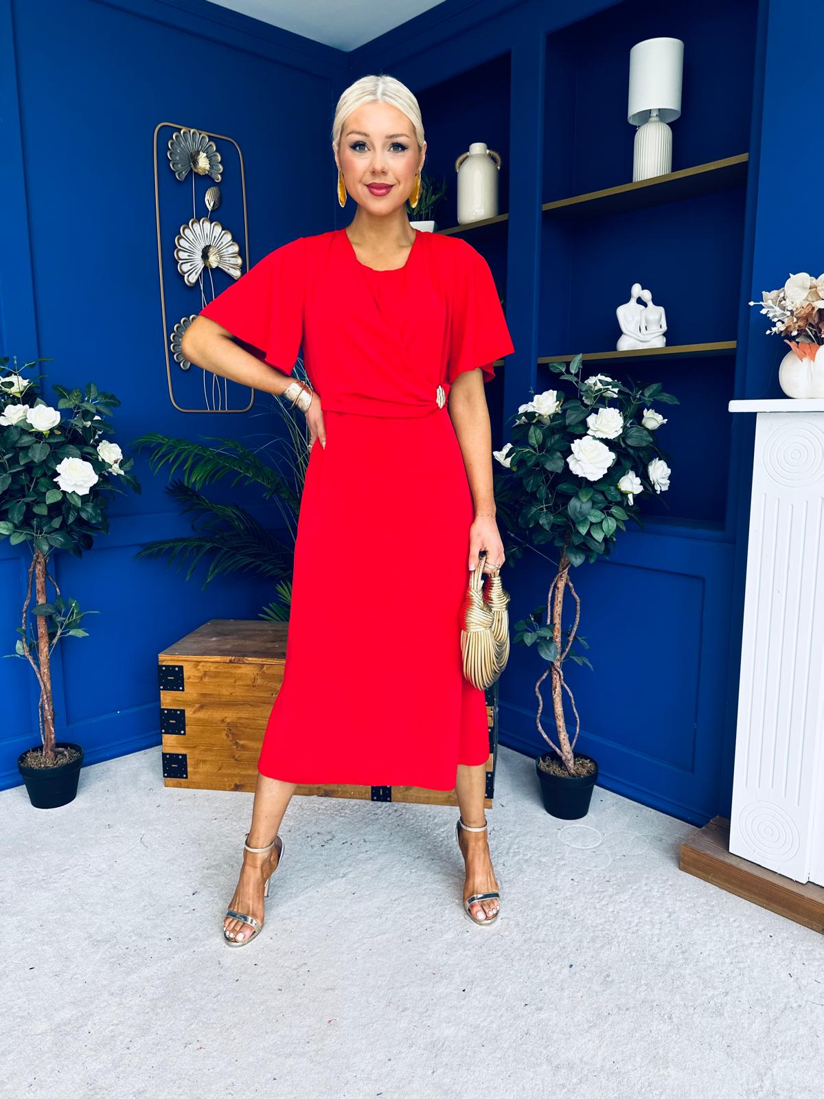 Naomi Gold Clasp Detailed Midi Dress Red