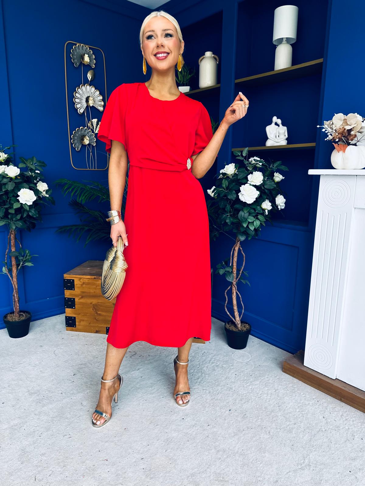 Naomi Gold Clasp Detailed Midi Dress Red