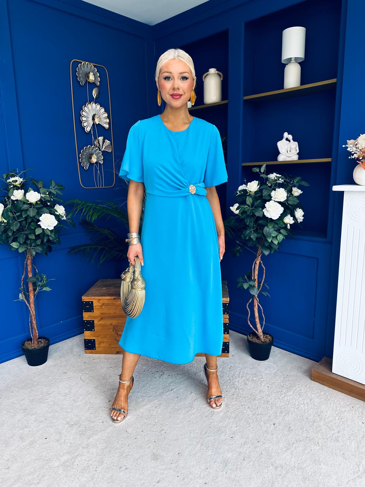 Naomi Gold Clasp Detailed Midi Dress Cyan Blue