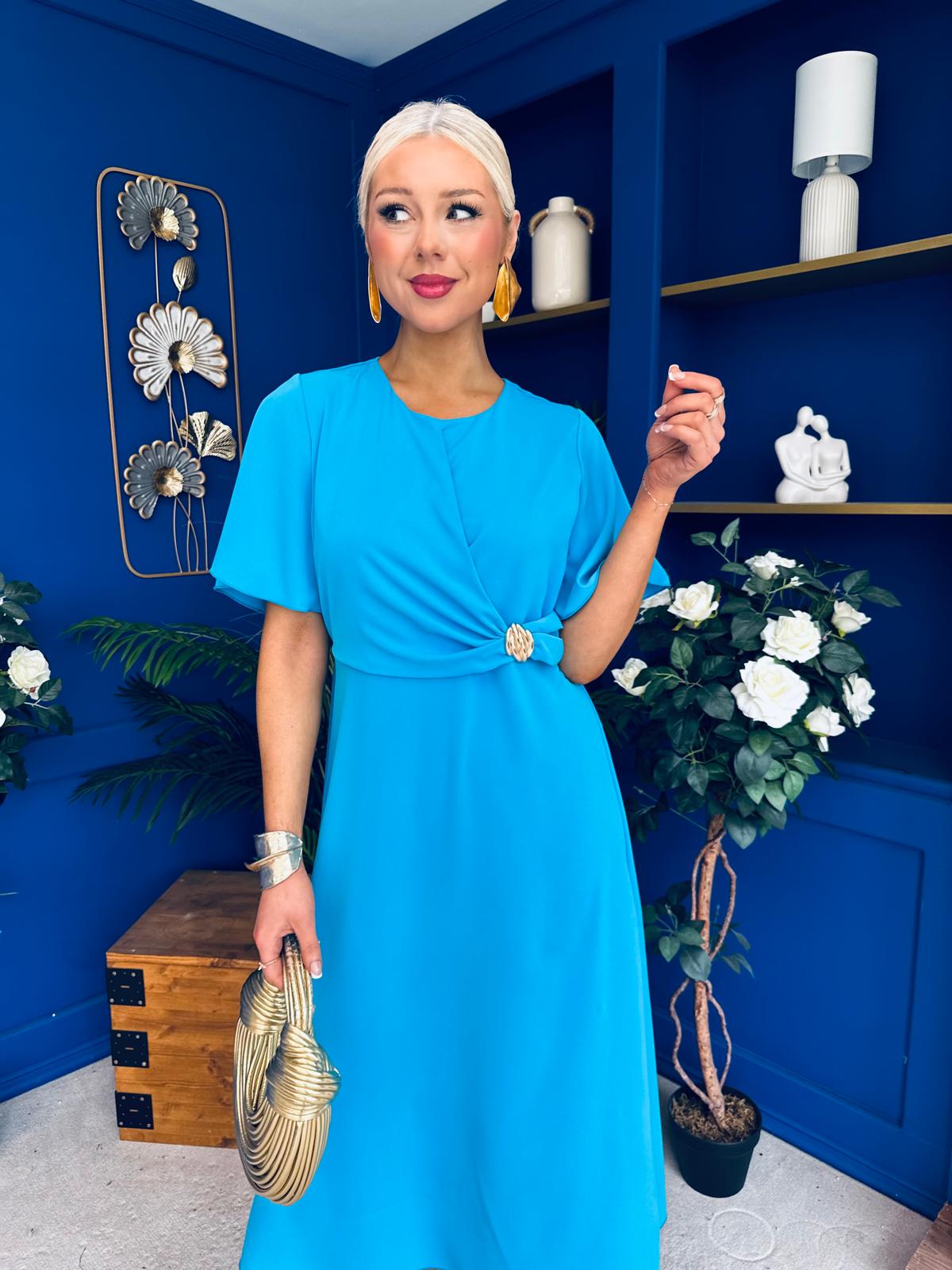 Naomi Gold Clasp Detailed Midi Dress Cyan Blue