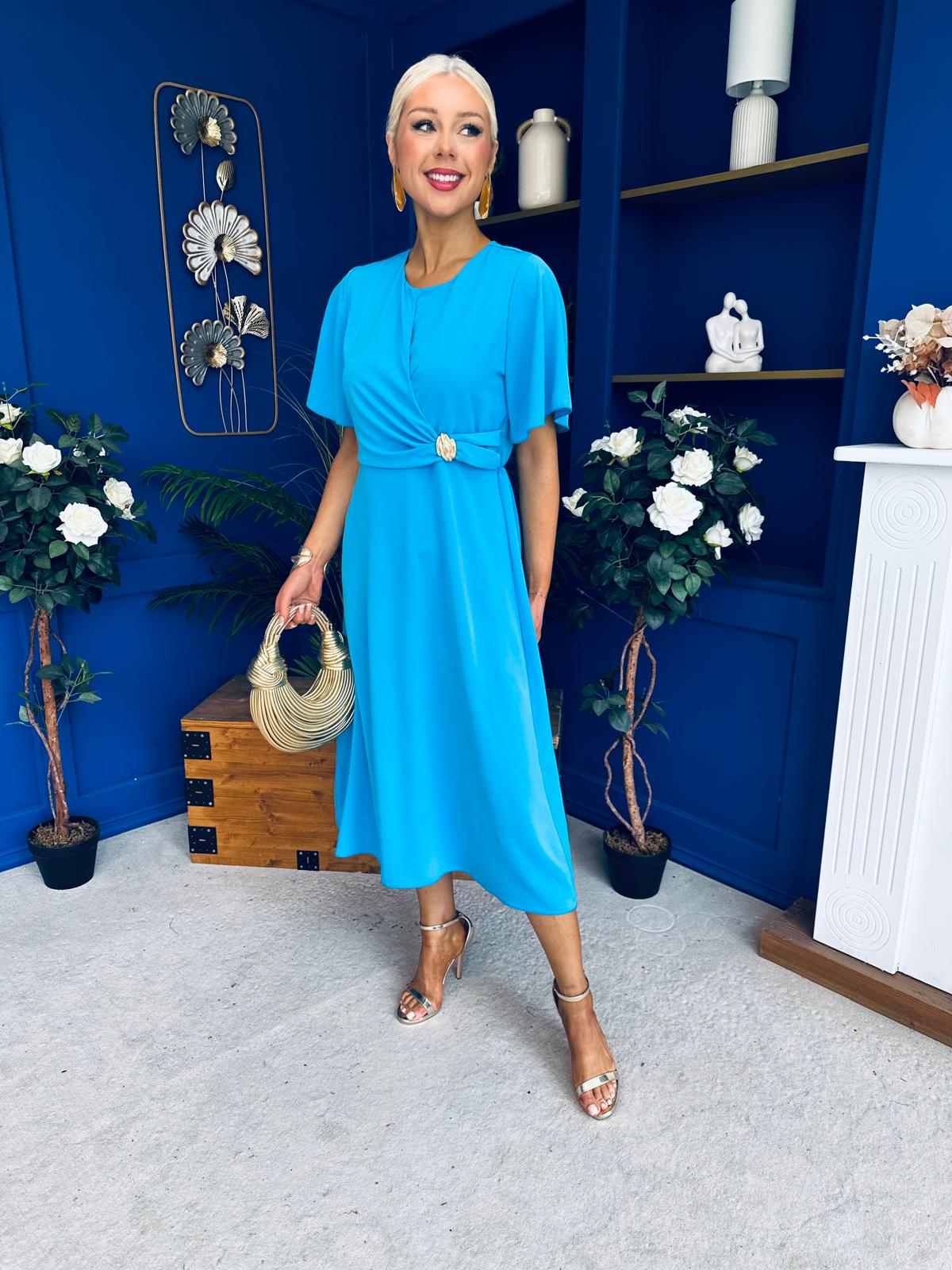 Naomi Gold Clasp Detailed Midi Dress Cyan Blue