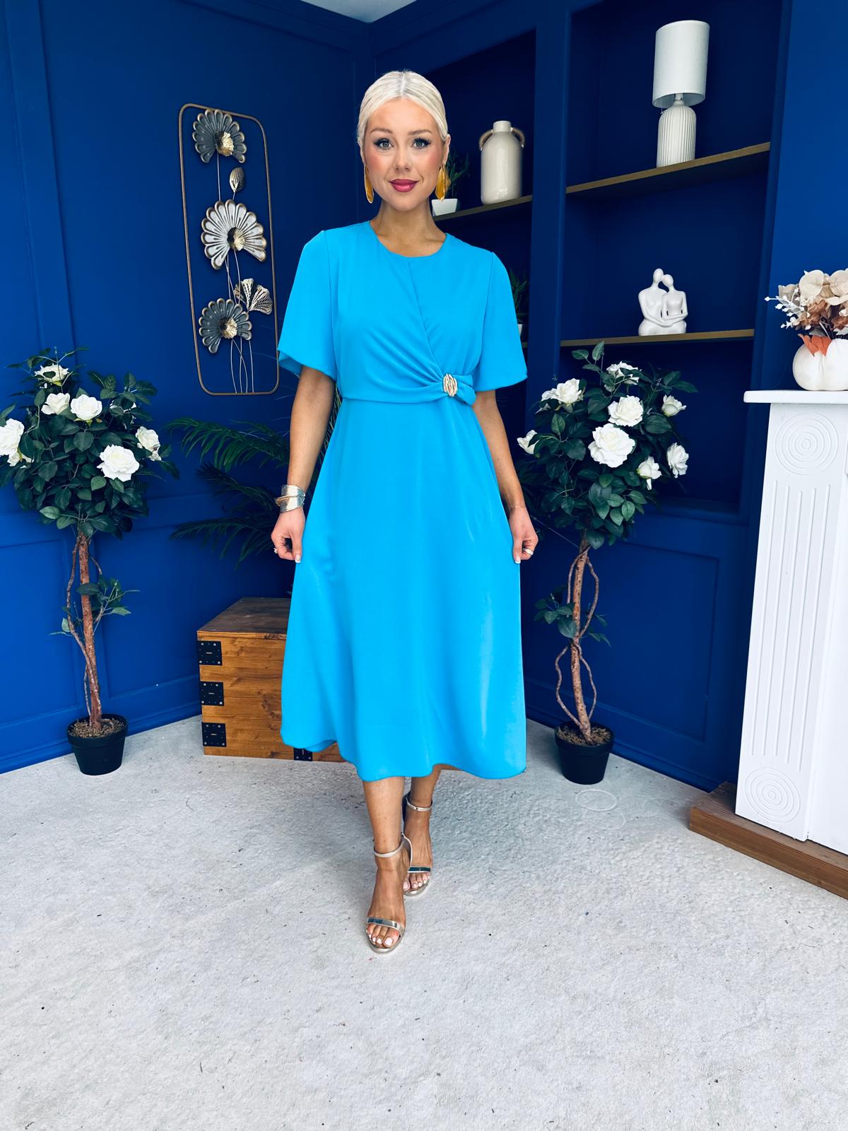 Naomi Gold Clasp Detailed Midi Dress Cyan Blue