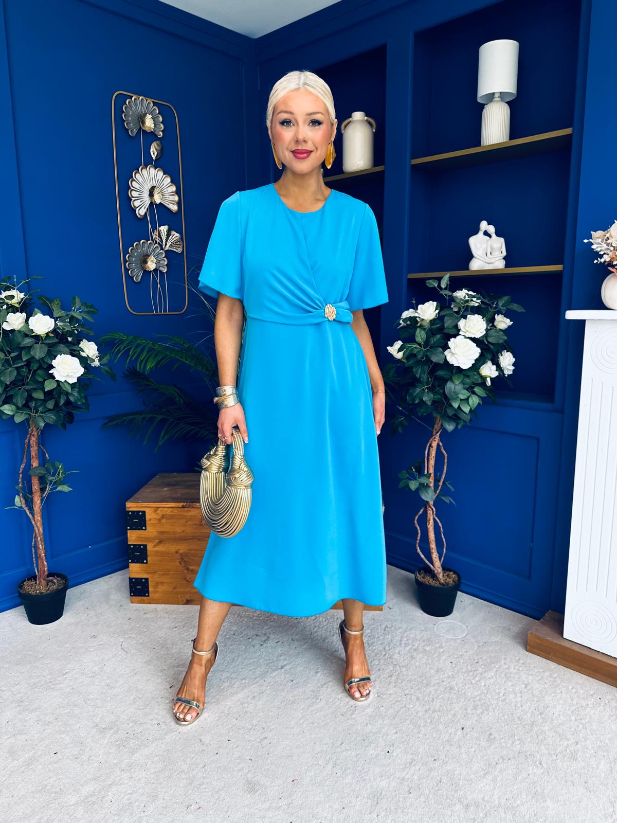 Naomi Gold Clasp Detailed Midi Dress Cyan Blue