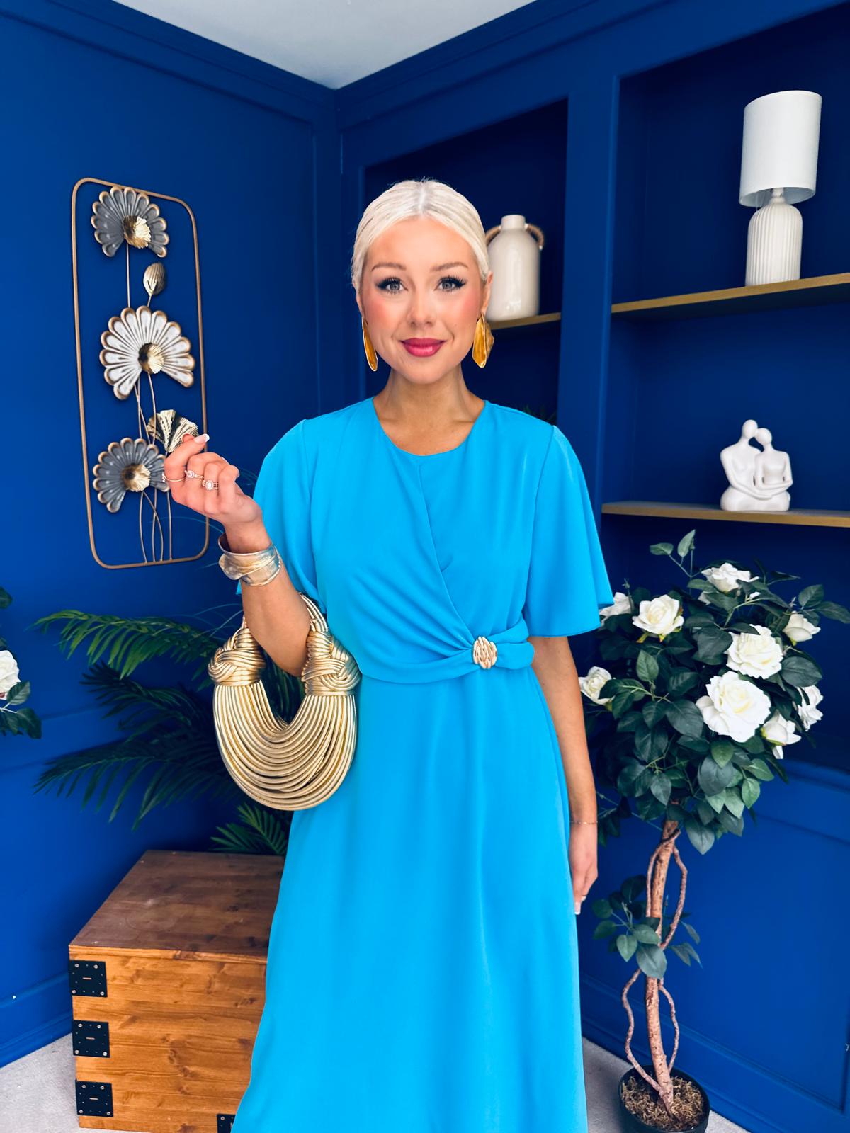 Naomi Gold Clasp Detailed Midi Dress Cyan Blue