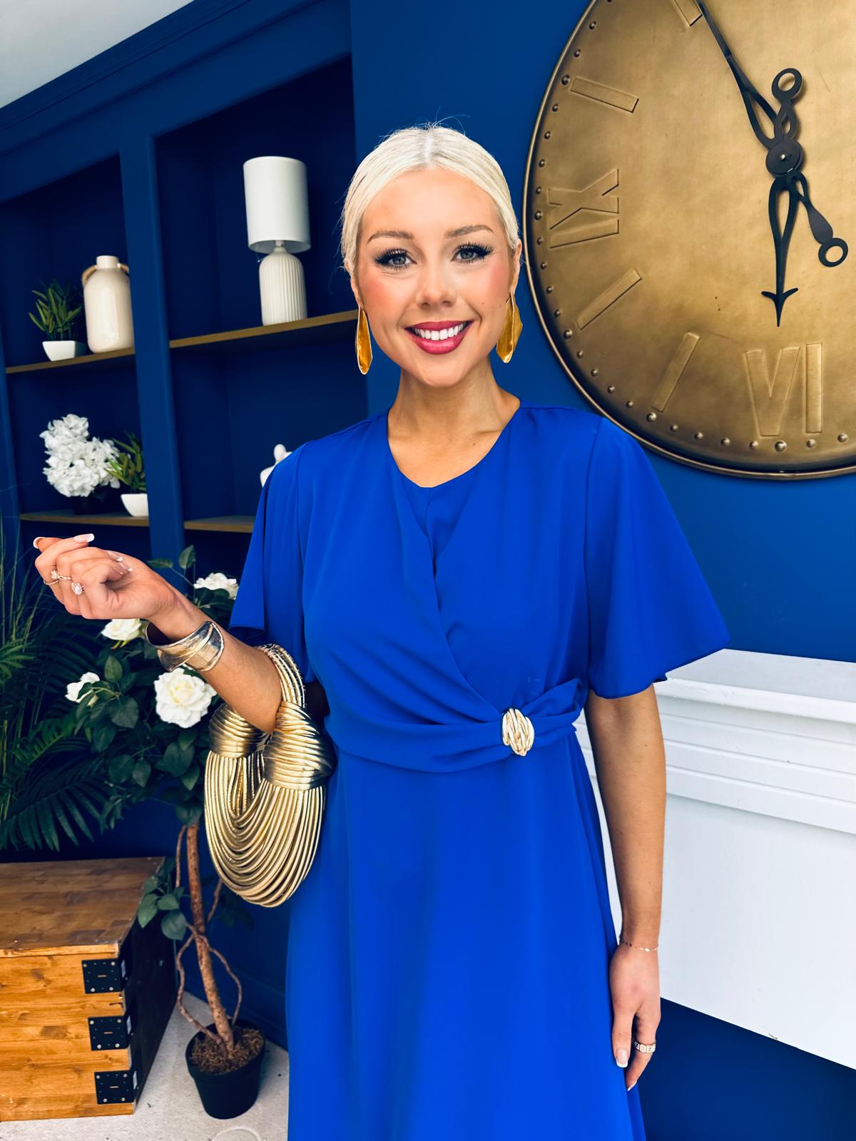 Naomi Gold Clasp Detailed Midi Dress Cobalt