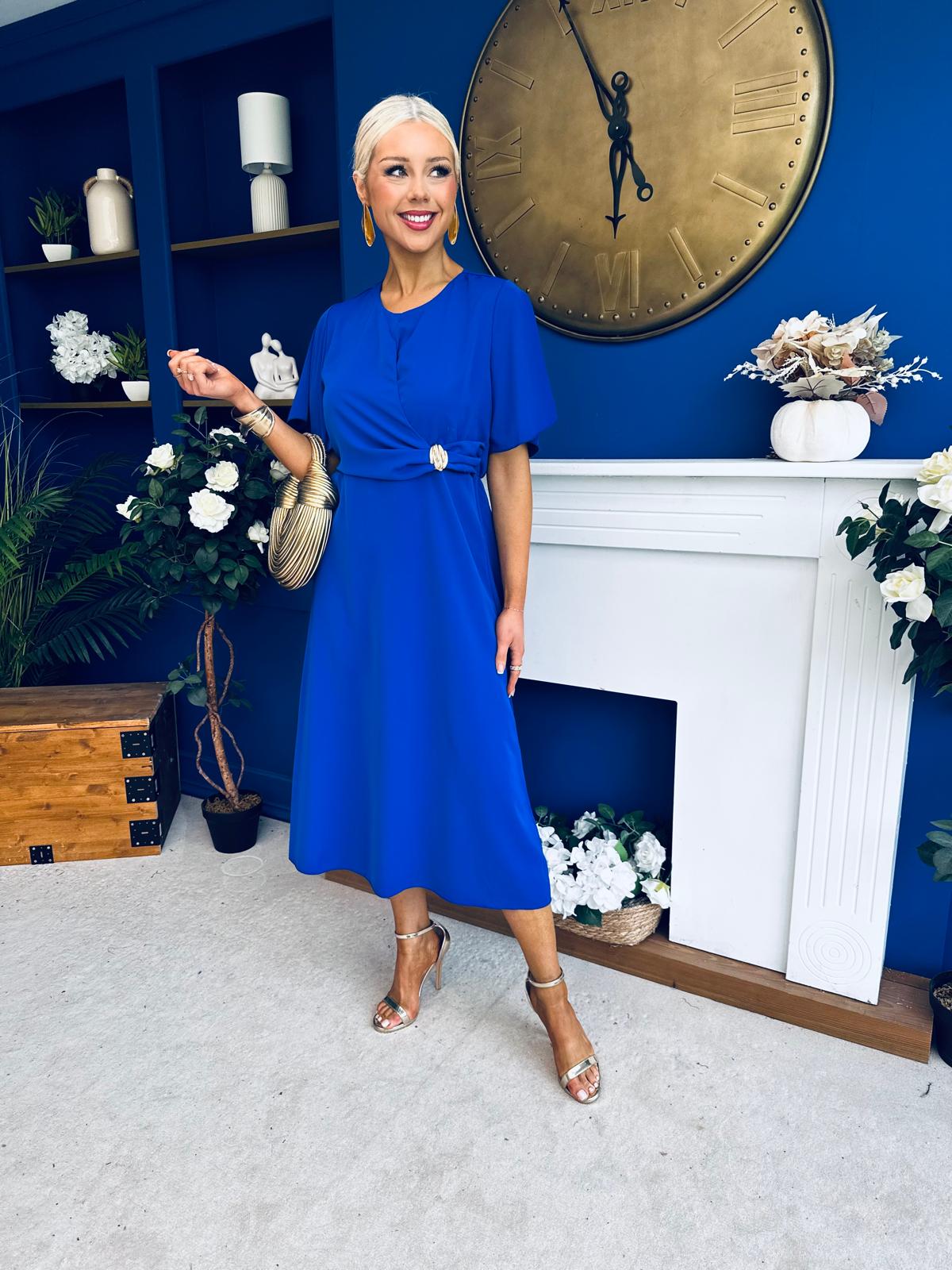 Naomi Gold Clasp Detailed Midi Dress Cobalt