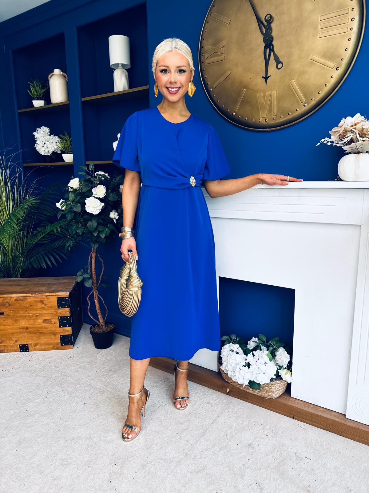 Naomi Gold Clasp Detailed Midi Dress Cobalt