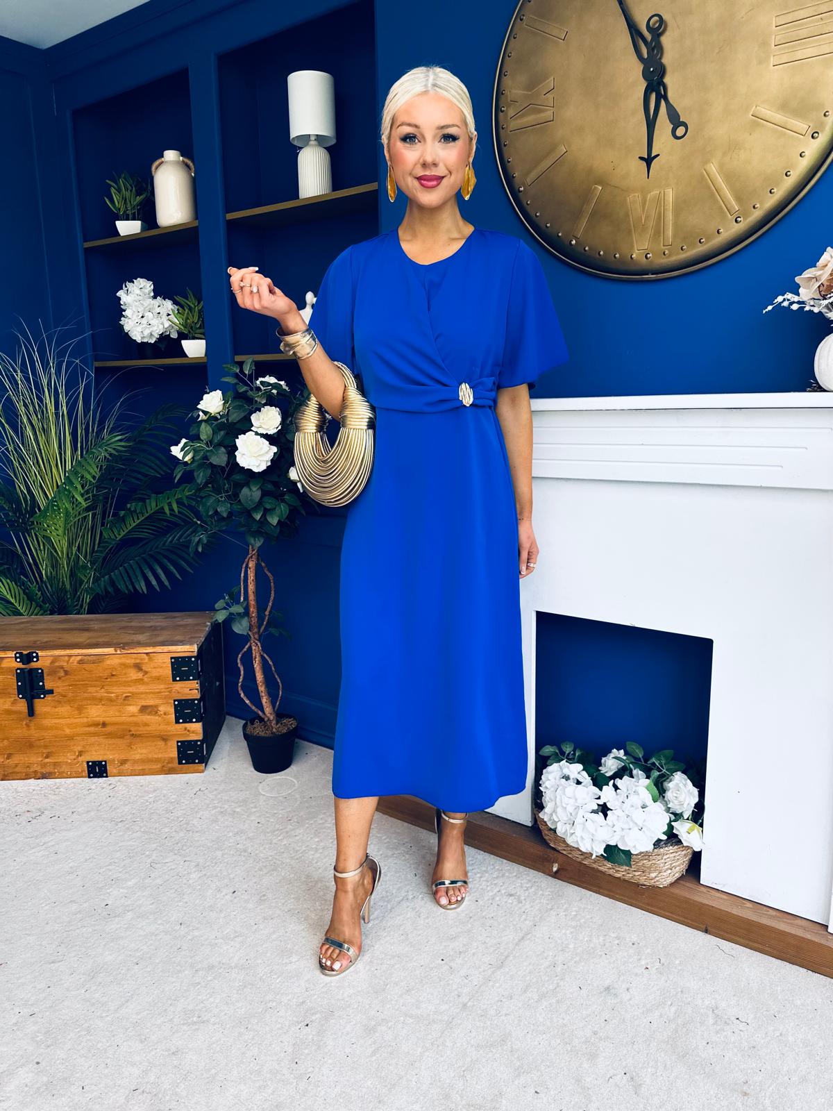 Naomi Gold Clasp Detailed Midi Dress Cobalt