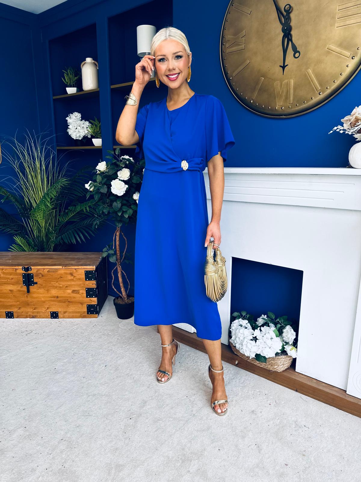 Naomi Gold Clasp Detailed Midi Dress Cobalt