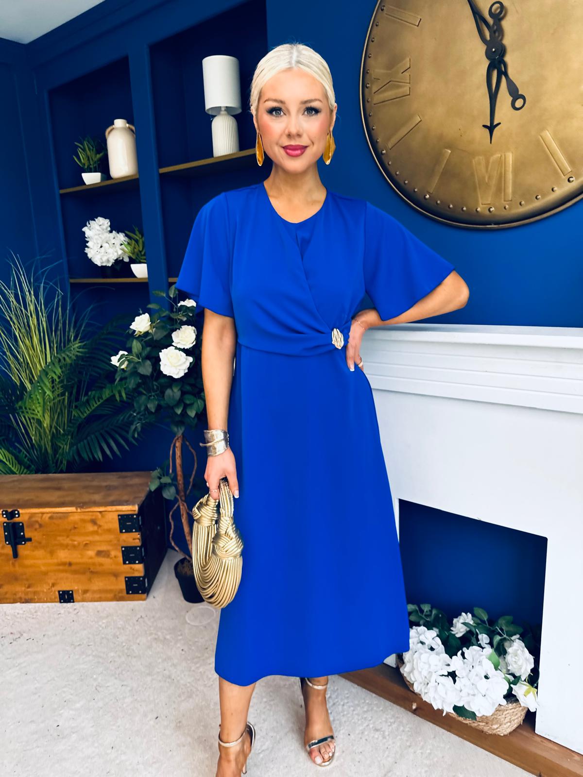 Naomi Gold Clasp Detailed Midi Dress Cobalt