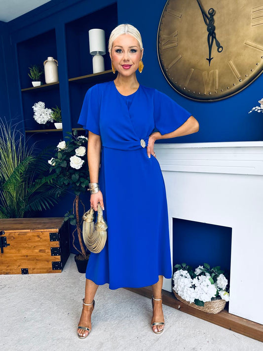 Naomi Gold Clasp Detailed Midi Dress Cobalt
