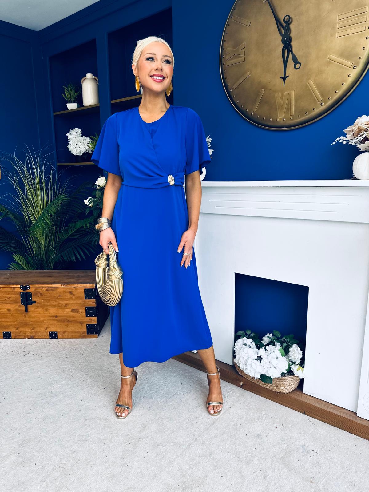Naomi Gold Clasp Detailed Midi Dress Cobalt