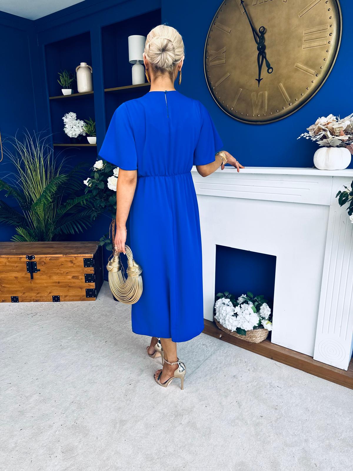 Naomi Gold Clasp Detailed Midi Dress Cobalt