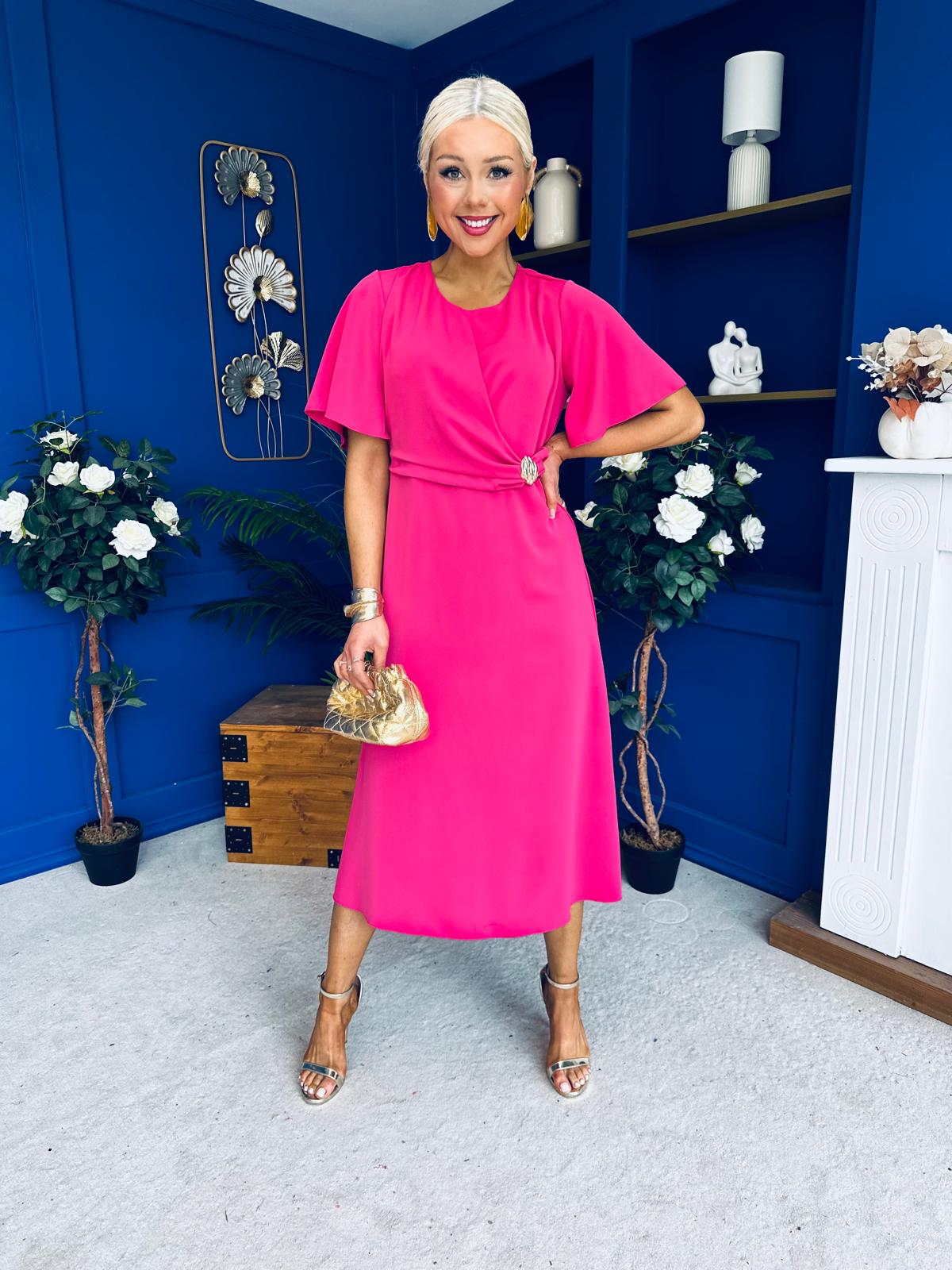 Naomi Gold Clasp Detailed Midi Dress Hot Pink
