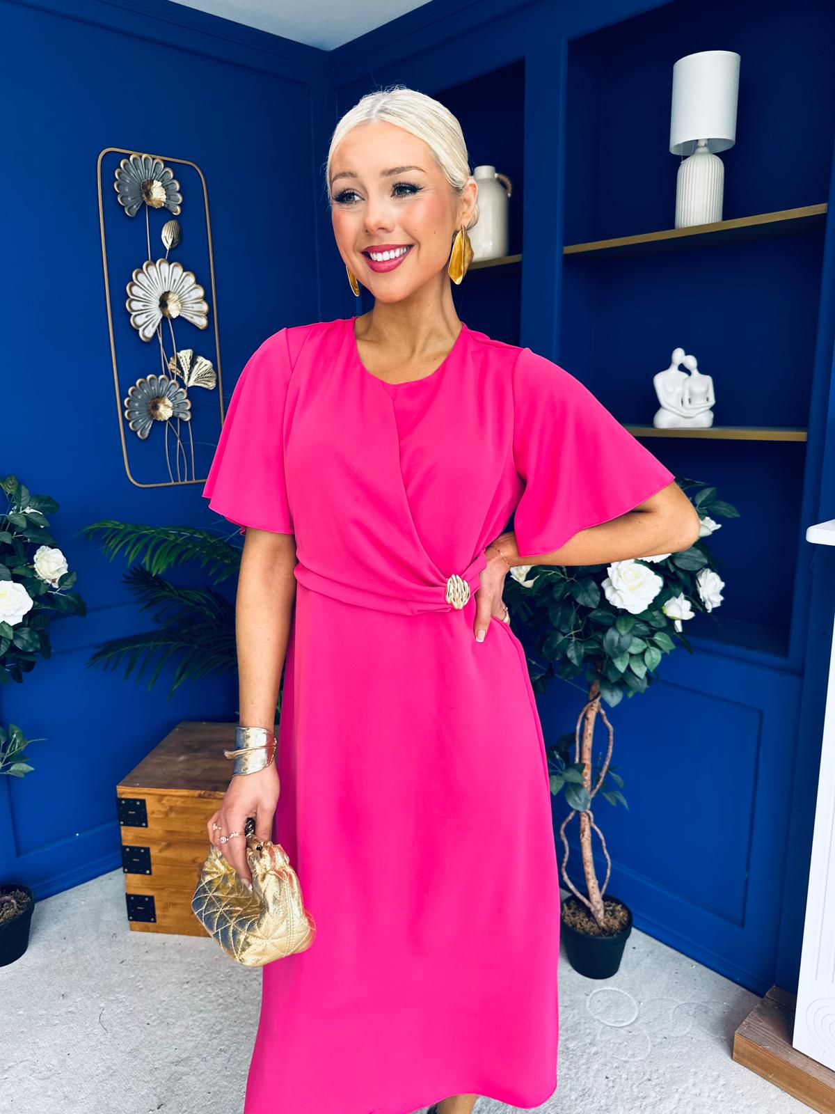 Naomi Gold Clasp Detailed Midi Dress Hot Pink Canella Lane Naomi Gold Clasp Detailed Midi Dress Hot Pink Canella Lane