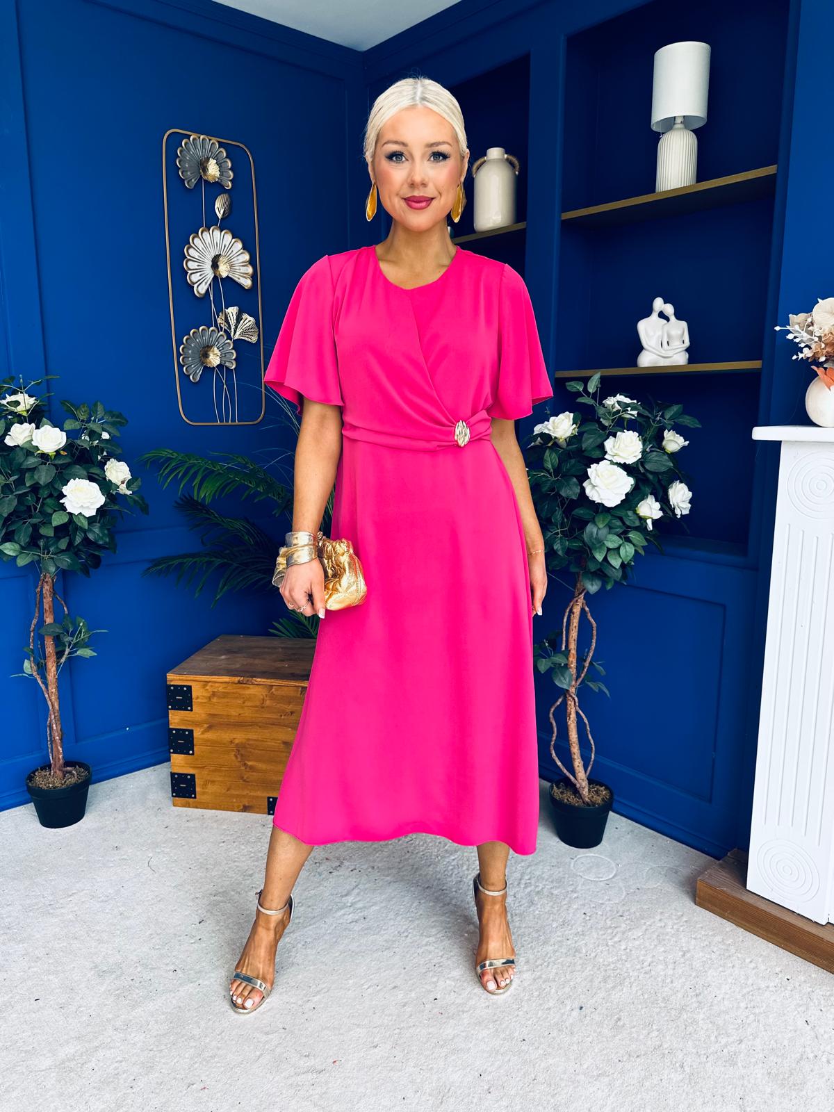 Naomi Gold Clasp Detailed Midi Dress Hot Pink