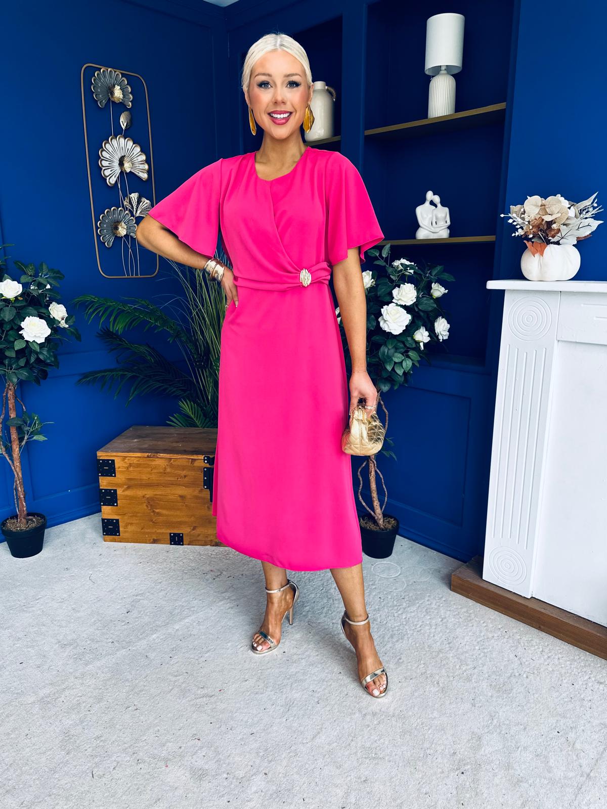 Naomi Gold Clasp Detailed Midi Dress Hot Pink