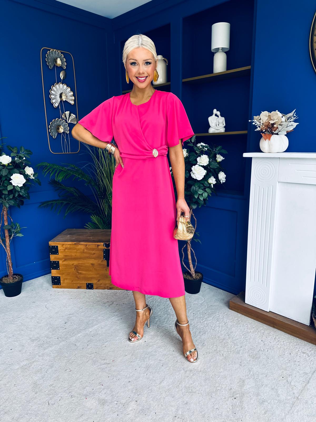 Naomi Gold Clasp Detailed Midi Dress Hot Pink