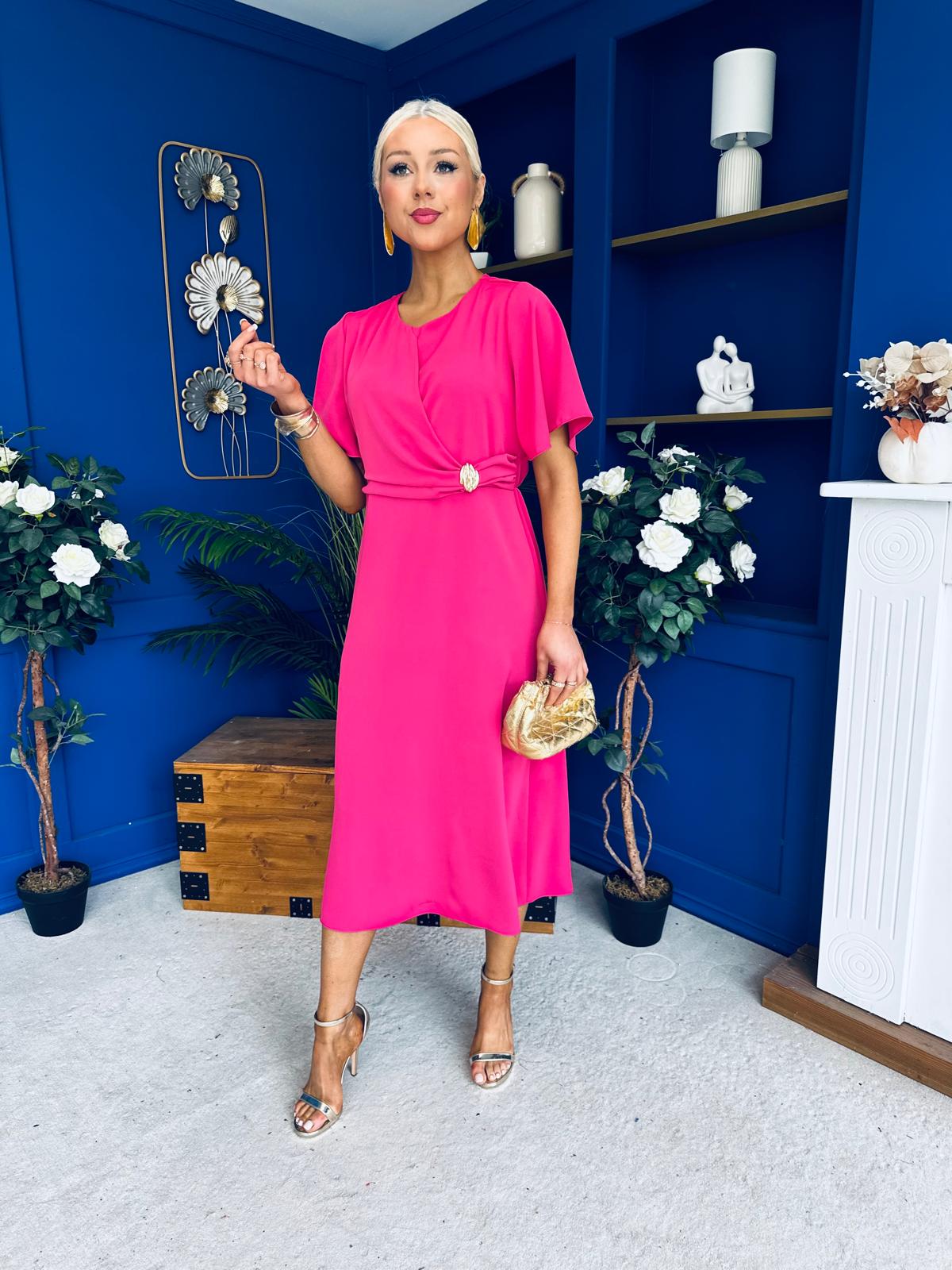 Naomi Gold Clasp Detailed Midi Dress Hot Pink