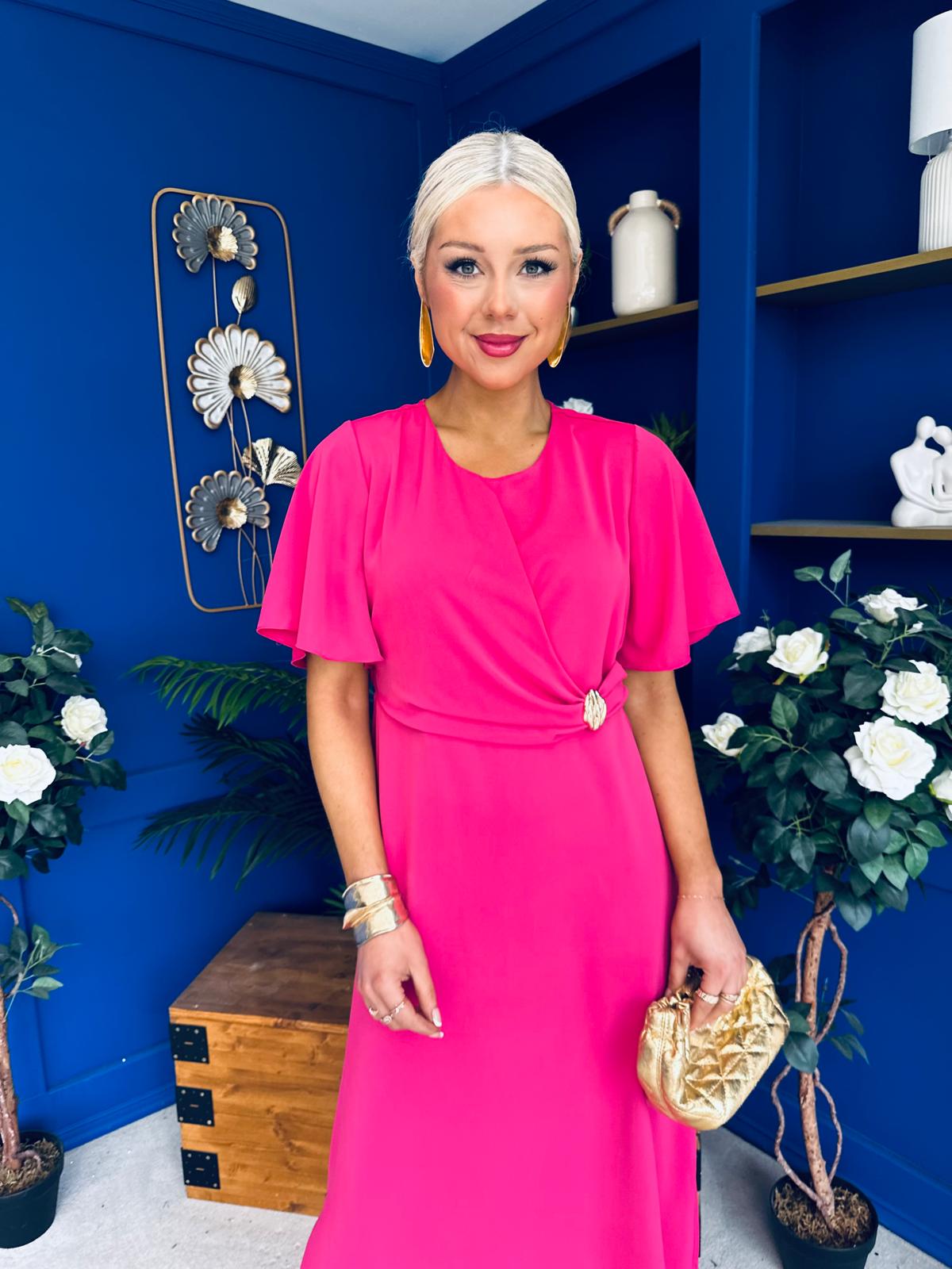 Naomi Gold Clasp Detailed Midi Dress Hot Pink  Canella Lane