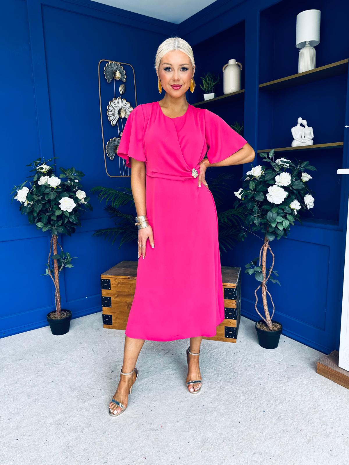 Naomi Gold Clasp Detailed Midi Dress Hot Pink