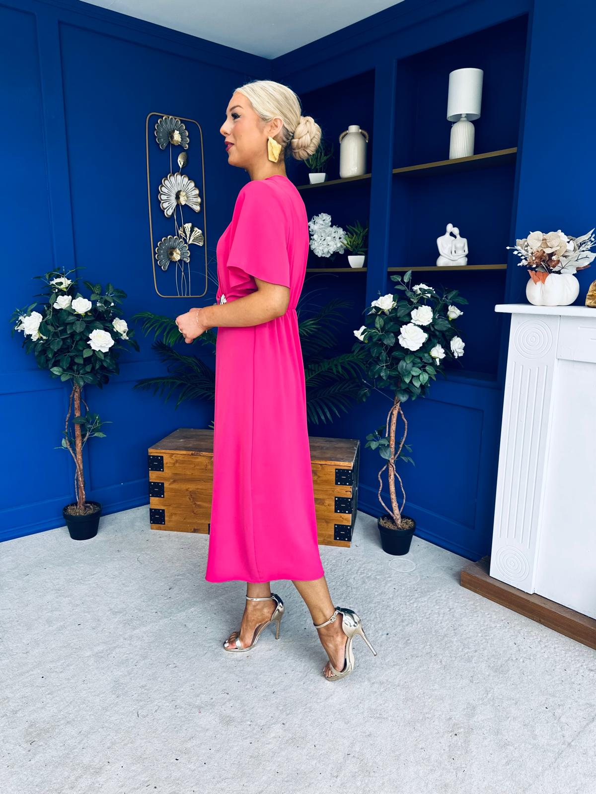 Naomi Gold Clasp Detailed Midi Dress Hot Pink – Canella Lane