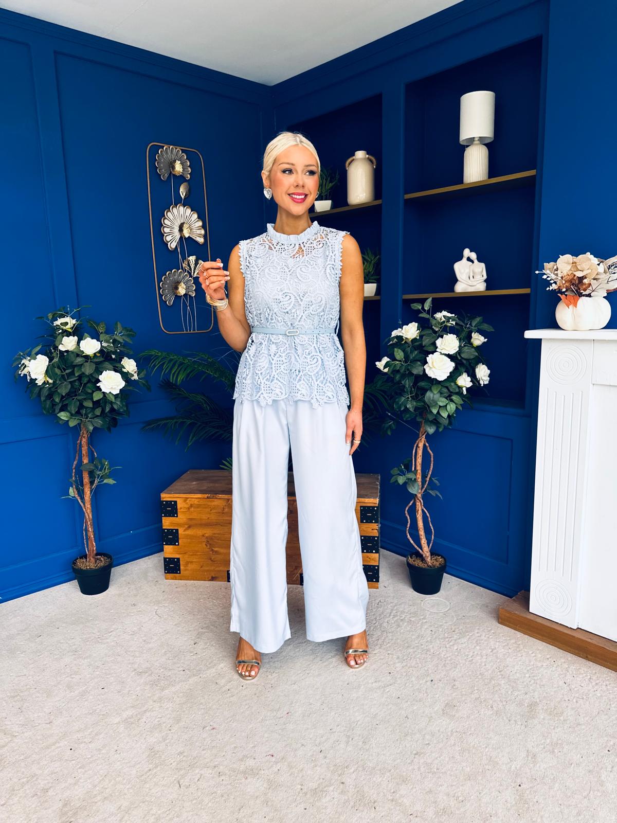 Illa Crochet Top, Cami & Trouser Set Blue
