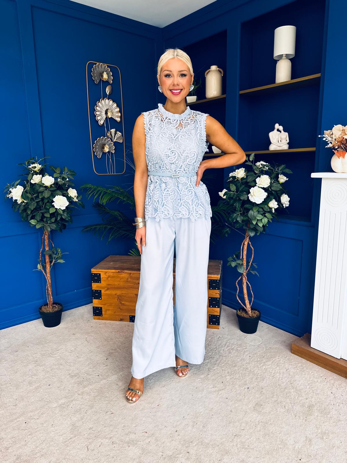 Illa Crochet Top, Cami & Trouser Set Blue