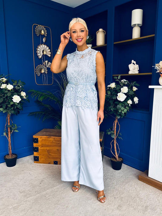 Illa Crochet Top, Cami & Trouser Set Blue