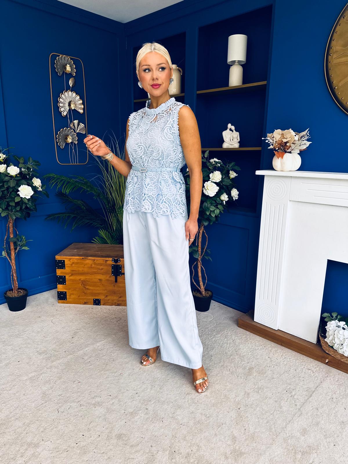 Illa Crochet Top, Cami & Trouser Set Blue
