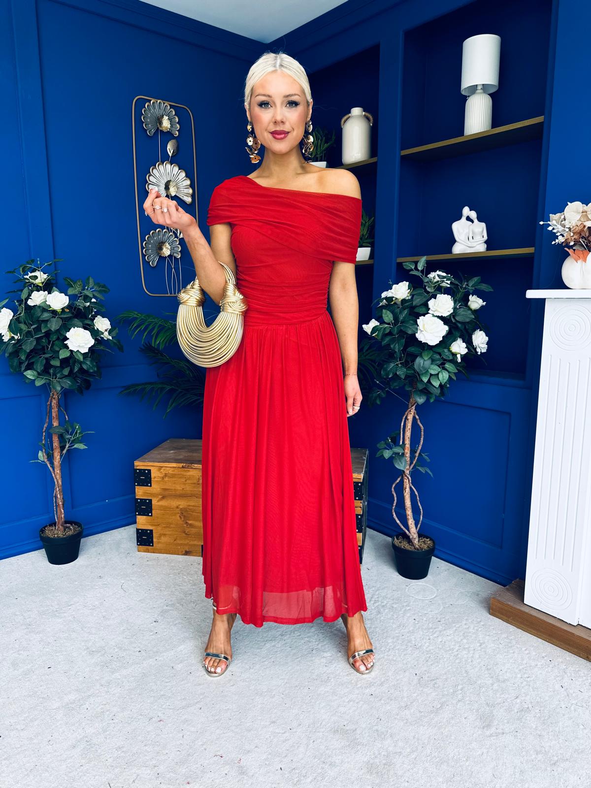 Giselle Off The Shoulder Mesh Midi Dress Ruby