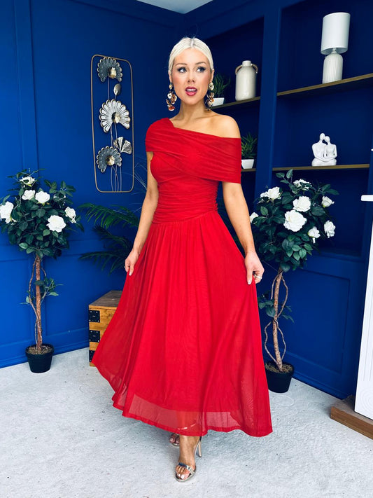 Giselle Off The Shoulder Mesh Midi Dress Ruby